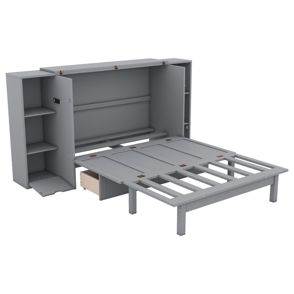 HomeRoots Gray Wood Full Murphy Bed with Stylish Cabinet Design – Space-Saving Elegance for Any Room! 662356
