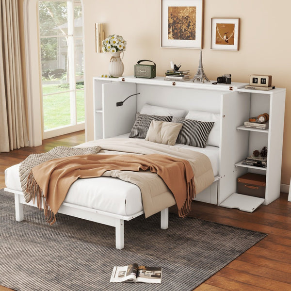 HomeRoots White Wood Full Murphy Bed – Space-Saving Cabinet with Drawers, Stylish Design & Durable Support System 662357