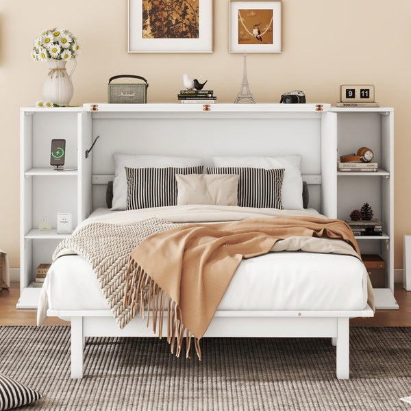 HomeRoots White Wood Full Murphy Bed – Space-Saving Cabinet with Drawers, Stylish Design & Durable Support System 662357