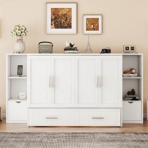 HomeRoots White Wood Full Murphy Bed – Space-Saving Cabinet with Drawers, Stylish Design & Durable Support System 662357