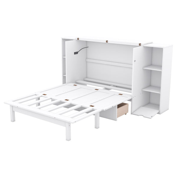 HomeRoots White Wood Full Murphy Bed – Space-Saving Cabinet with Drawers, Stylish Design & Durable Support System 662357