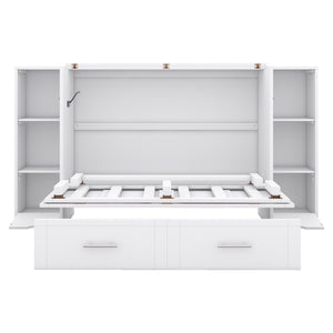 HomeRoots White Wood Full Murphy Bed – Space-Saving Cabinet with Drawers, Stylish Design & Durable Support System 662357