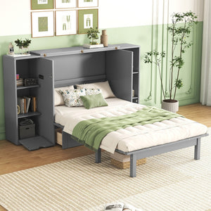 HomeRoots Gray Wood Queen Murphy Bed with Drawers – Stylish Space-Saving Solution for Multipurpose Rooms 662358