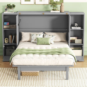 HomeRoots Gray Wood Queen Murphy Bed with Drawers – Stylish Space-Saving Solution for Multipurpose Rooms 662358