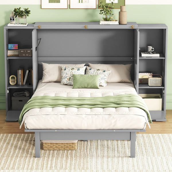 HomeRoots Gray Wood Queen Murphy Bed with Drawers – Stylish Space-Saving Solution for Multipurpose Rooms 662358