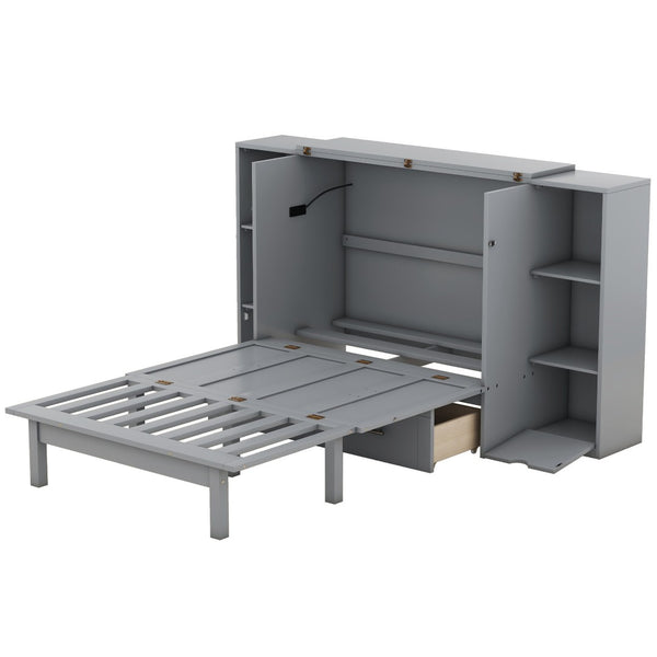 HomeRoots Gray Wood Queen Murphy Bed with Drawers – Stylish Space-Saving Solution for Multipurpose Rooms 662358