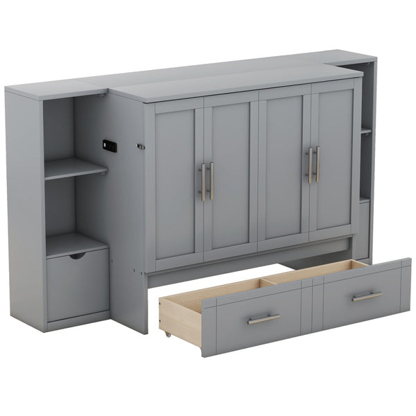 HomeRoots Gray Wood Queen Murphy Bed with Drawers – Stylish Space-Saving Solution for Multipurpose Rooms 662358