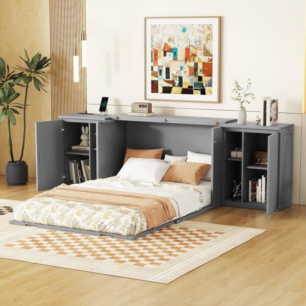 HomeRoots Gray Wood Full Murphy Bed - Stylish Space-Saving Solution with Elegant Cabinet Design & Comfort 662360