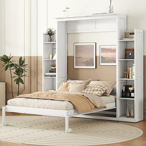 HomeRoots White Wood Full Murphy Bed with Integrated LED Lighting – Space-Saving Elegance for Any Room 662369