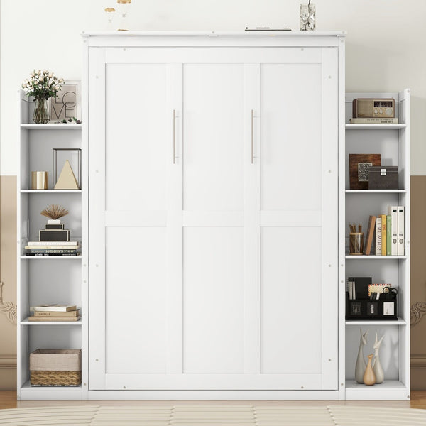 HomeRoots White Wood Full Murphy Bed with Integrated LED Lighting – Space-Saving Elegance for Any Room 662369