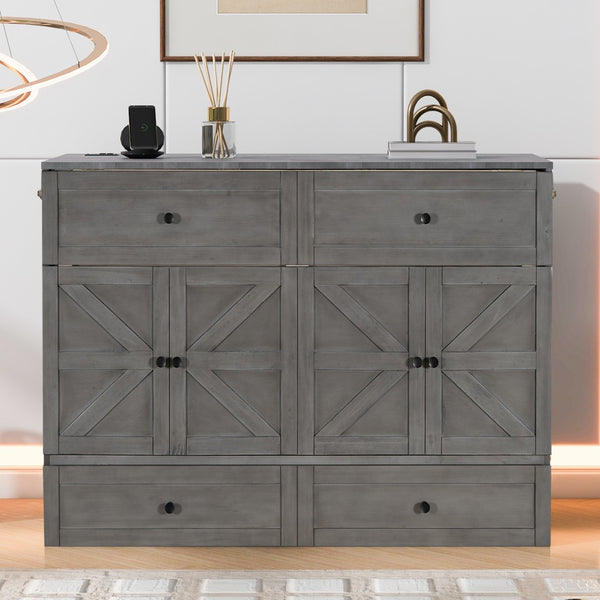 HomeRoots Gray Wood Full Murphy Bed with Integrated Storage Drawers - Stylish Space-Saving Solution for Small Rooms 662385