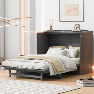 HomeRoots Gray Wood Full Murphy Bed with Integrated Storage Drawers - Stylish Space-Saving Solution for Small Rooms 662385