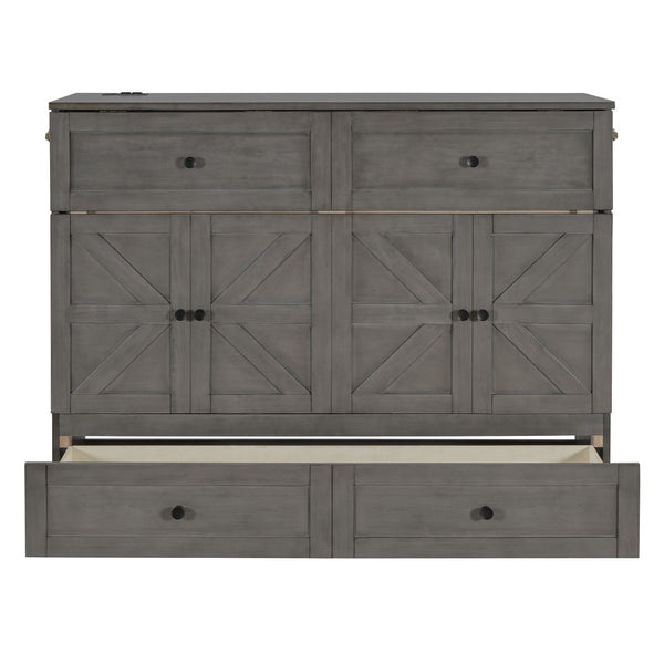 HomeRoots Gray Wood Full Murphy Bed with Integrated Storage Drawers - Stylish Space-Saving Solution for Small Rooms 662385