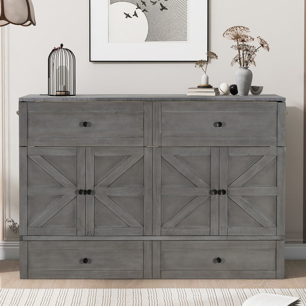 HomeRoots Gray Wood Queen Murphy Bed – Space-Saving Elegance with Drawers for Small Rooms & Modern Living 662387