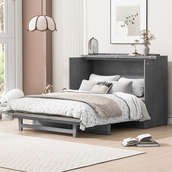 HomeRoots Gray Wood Queen Murphy Bed – Space-Saving Elegance with Drawers for Small Rooms & Modern Living 662387