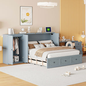 HomeRoots Gray Wood Queen Murphy Bed with Integrated Storage Drawers - Stylish, Space-Saving Design for Any Room 662389