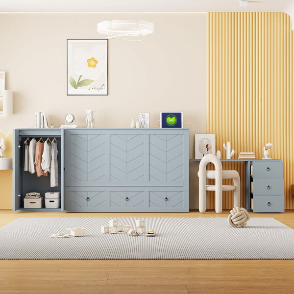 HomeRoots Gray Wood Queen Murphy Bed with Integrated Storage Drawers - Stylish, Space-Saving Design for Any Room 662389