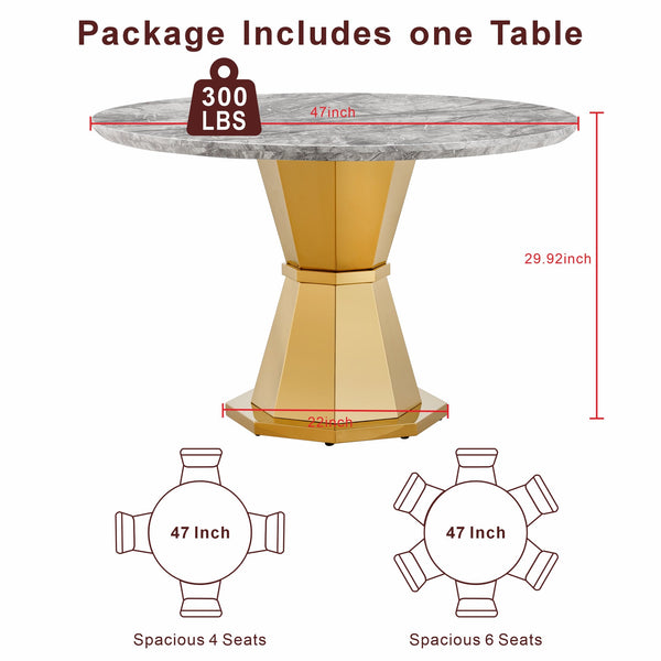 English Elm 47" Round Marble Dining Table - Stylish High-Gloss Faux Marble Top & Gold Stainless Steel Base W3456S00033