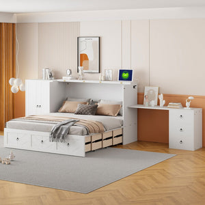 HomeRoots White Wood Queen Murphy Bed - Stylish Space-Saving Design with Drawers for Guest Rooms & Studios 662390