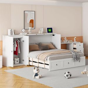 HomeRoots White Wood Queen Murphy Bed - Stylish Space-Saving Design with Drawers for Guest Rooms & Studios 662390