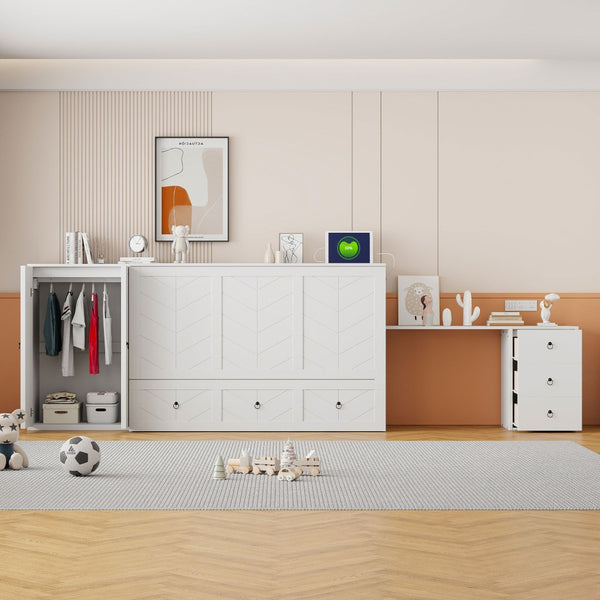 HomeRoots White Wood Queen Murphy Bed - Stylish Space-Saving Design with Drawers for Guest Rooms & Studios 662390