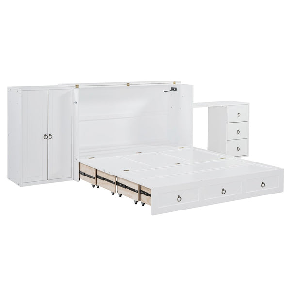 HomeRoots White Wood Queen Murphy Bed - Stylish Space-Saving Design with Drawers for Guest Rooms & Studios 662390