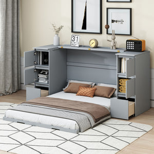 HomeRoots Gray Wood Full Murphy Bed with Storage Drawers - Stylish, Space-Saving Solution for Small Rooms! 662392