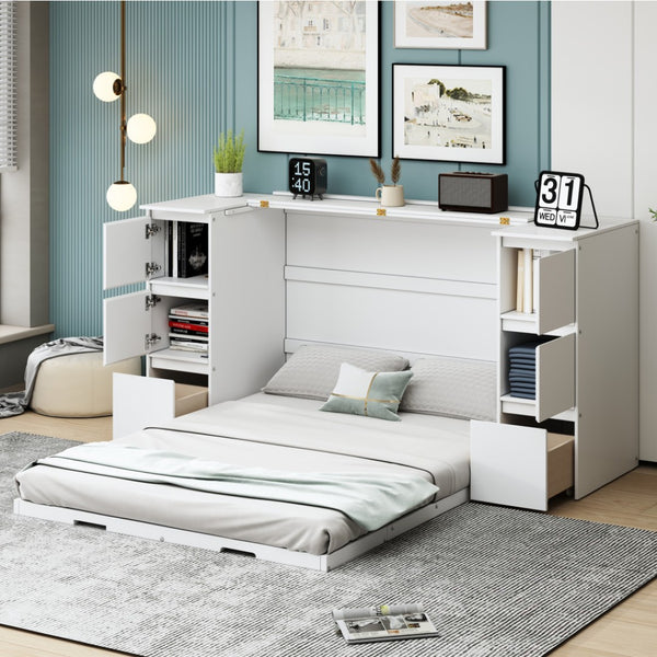 HomeRoots White Wood Full Murphy Bed with Stylish Cabinet Design and Convenient Storage Drawers Included 662393