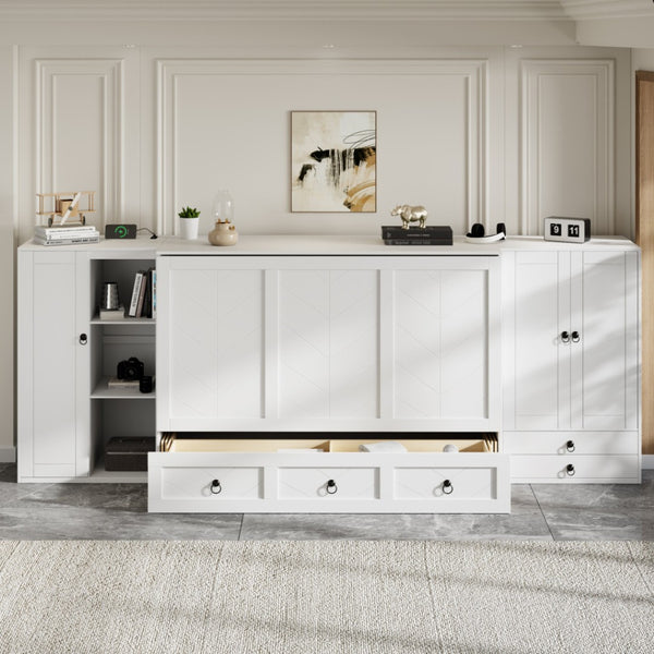 HomeRoots White Murphy Bed with Drawers - Elegant Space-Saving Queen Bed in Classic White Wood Design 662395
