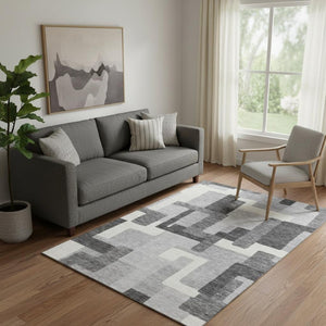 HomeRoots 5' X 8' Gray Silver Ivory Abstract Geometric Area Rug - Washable, UV-Protected, Easy Care Design 662431
