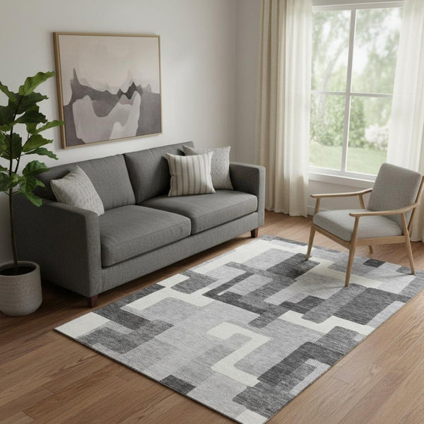 HomeRoots 5' X 8' Gray Silver Ivory Abstract Geometric Area Rug - Washable, UV-Protected, Easy Care Design 662431