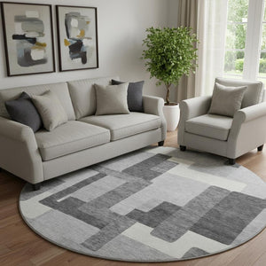 HomeRoots 8' Modern Gray Silver Ivory Abstract Geometric Round Rug - UV Protected, Washable & Durable Design 662432
