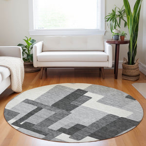 HomeRoots 8' Modern Gray Silver Ivory Abstract Geometric Round Rug - UV Protected, Washable & Durable Design 662432