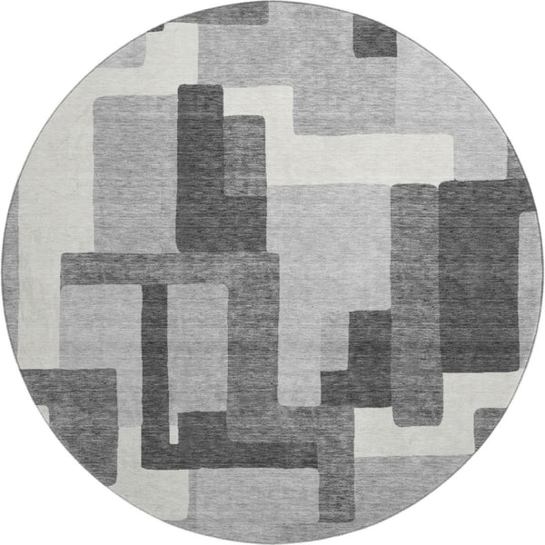 HomeRoots 8' Modern Gray Silver Ivory Abstract Geometric Round Rug - UV Protected, Washable & Durable Design 662432