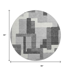 HomeRoots 8' Modern Gray Silver Ivory Abstract Geometric Round Rug - UV Protected, Washable & Durable Design 662432