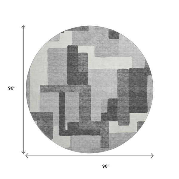HomeRoots 8' Modern Gray Silver Ivory Abstract Geometric Round Rug - UV Protected, Washable & Durable Design 662432