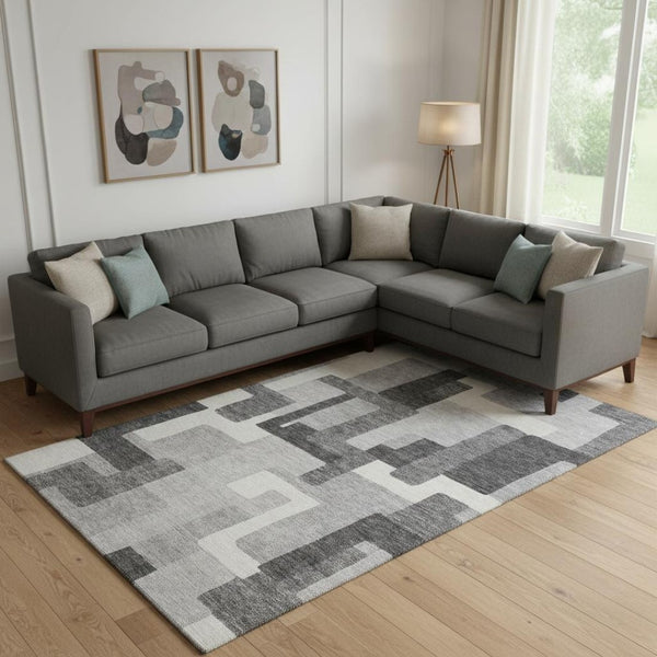 HomeRoots 9' X 12' Modern Gray Silver Ivory Geometric Washable Area Rug - Stain Resistant & UV Protected! 662434