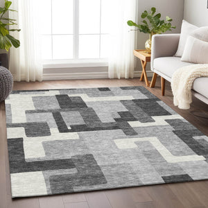 HomeRoots 10' X 14' Stylish Gray Silver Ivory Geometric Washable Area Rug - Durable, Stain-Resistant, UV Protected 662435