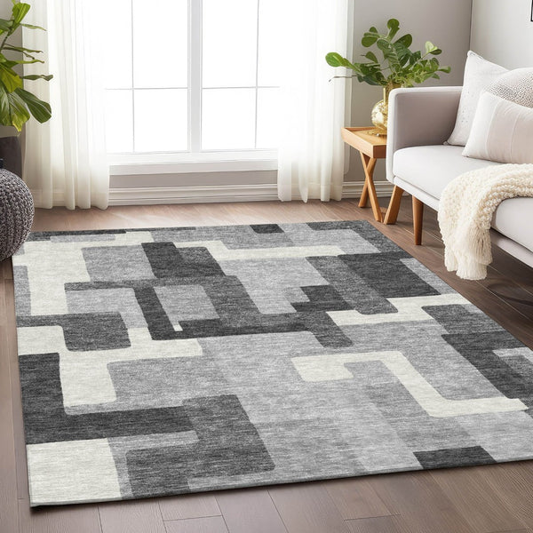 HomeRoots 10' X 14' Stylish Gray Silver Ivory Geometric Washable Area Rug - Durable, Stain-Resistant, UV Protected 662435