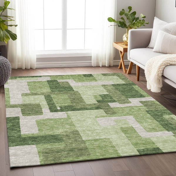HomeRoots 5' X 8' Green and Ivory Abstract Geometric Area Rug - Washable, UV Protected, Stylish & Durable! 662437