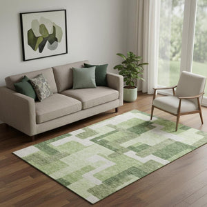 HomeRoots 5' X 8' Green and Ivory Abstract Geometric Area Rug - Washable, UV Protected, Stylish & Durable! 662437