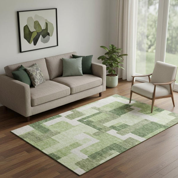 HomeRoots 5' X 8' Green and Ivory Abstract Geometric Area Rug - Washable, UV Protected, Stylish & Durable! 662437