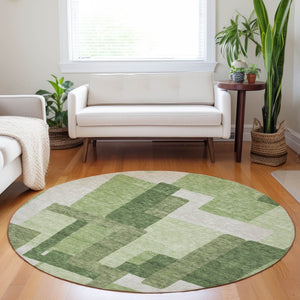 HomeRoots 8' Green and Ivory Abstract Geometric Washable Round Rug with UV Protection for Stylish Spaces 662438