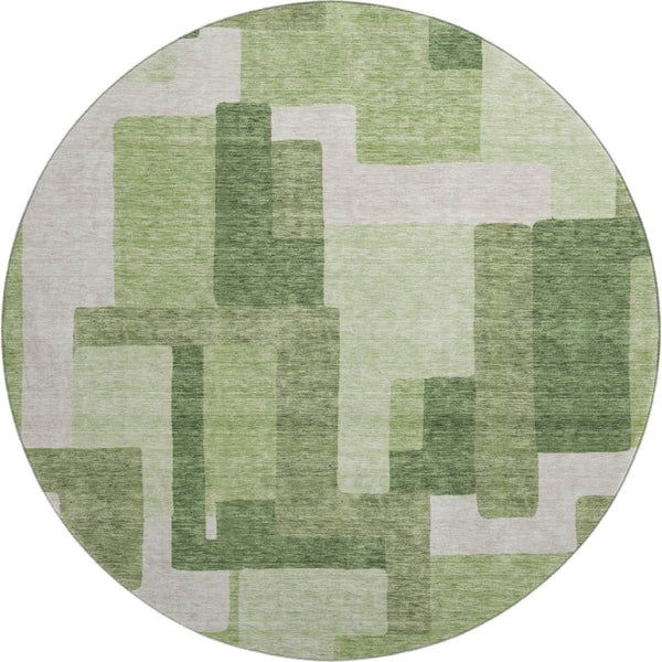 HomeRoots 8' Green and Ivory Abstract Geometric Washable Round Rug with UV Protection for Stylish Spaces 662438