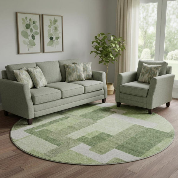 HomeRoots 8' Green and Ivory Abstract Geometric Washable Round Rug with UV Protection for Stylish Spaces 662438