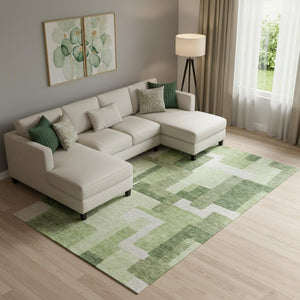 HomeRoots 9' X 12' Washable Green & Ivory Geometric Area Rug with UV Protection - Perfect for Modern Homes! 662440