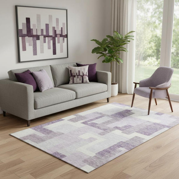 HomeRoots 5' X 8' Modern Lavender and Ivory Geometric Washable Area Rug with Stain Resistance & UV Guard 662443