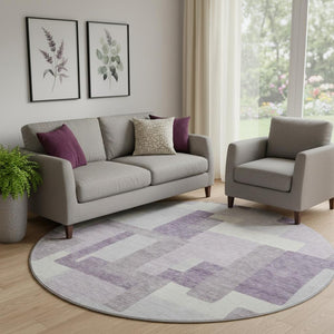 HomeRoots 8' Lavender and Ivory Abstract Round Rug - Washable, UV-Protected, Durable Design for Modern Homes 662444