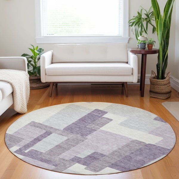 HomeRoots 8' Lavender and Ivory Abstract Round Rug - Washable, UV-Protected, Durable Design for Modern Homes 662444