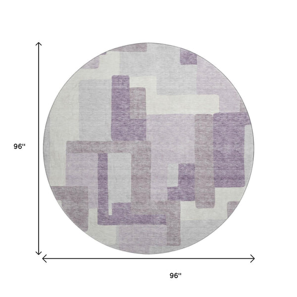 HomeRoots 8' Lavender and Ivory Abstract Round Rug - Washable, UV-Protected, Durable Design for Modern Homes 662444